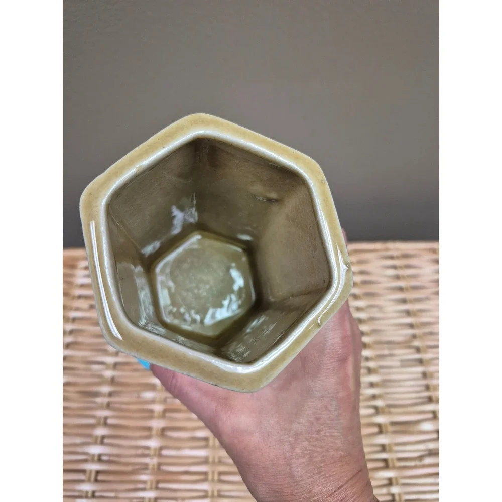Vintage Studio Pottery Hexagonal Vase Crackle Glaze Botanical Floral Decor 6